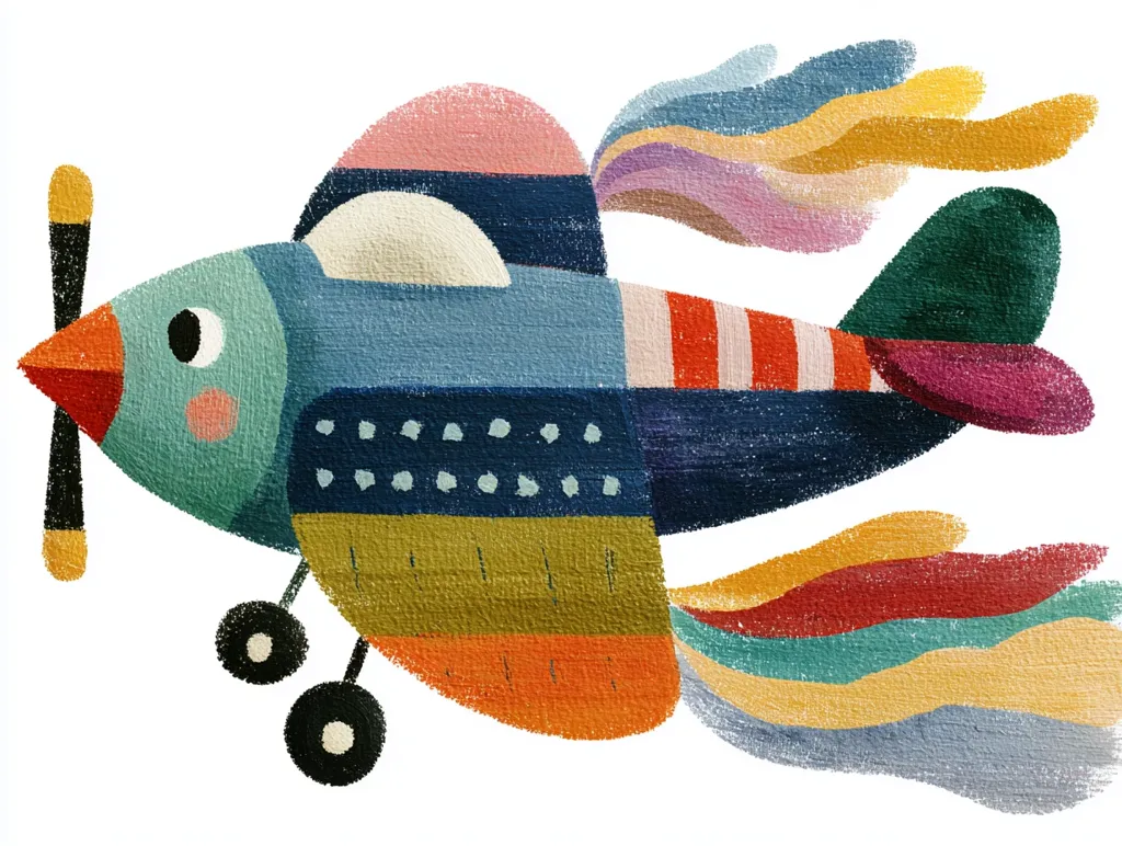 A whimsical illustration of a childlike airplane.  The plane is multicolored, featuring patches of blue, red, orange, green, and yellow, with a playful design.  It has large, colorful propellers and a charming, cartoonish face. The style is reminiscent of crayon or paint, creating a textured and vibrant image.