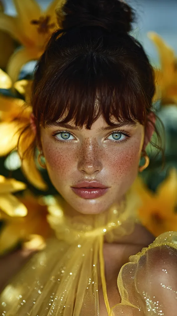 A young woman with freckles and light eyes gazes directly at the camera.  Her dark brown hair is styled in a messy bun, with bangs framing her face. She wears a sheer, sparkly yellow top with a high neckline. The background features out-of-focus yellow lilies, creating a warm, vibrant image. Her expression is serene and confident.