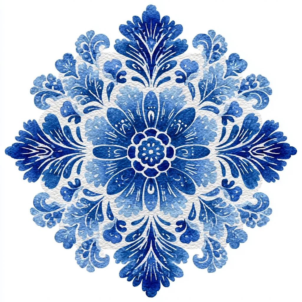 A watercolor painting of a symmetrical blue floral mandala. The design features intricate details, with layers of stylized flowers and leaves radiating outwards from a central point. The blue tones vary in intensity, creating a depth and texture within the pattern. The overall style evokes a sense of elegance and sophistication, reminiscent of traditional decorative arts.  The white background enhances the vibrancy of the blue.