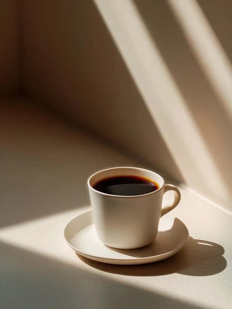 A minimalist image shows a cup of black coffee on a saucer. The off-white ceramic cup and saucer are placed on a light beige surface.  Sunlight streams in, casting dramatic shadows across the scene, highlighting the simple elegance of the coffee setting. The overall mood is calm and serene.