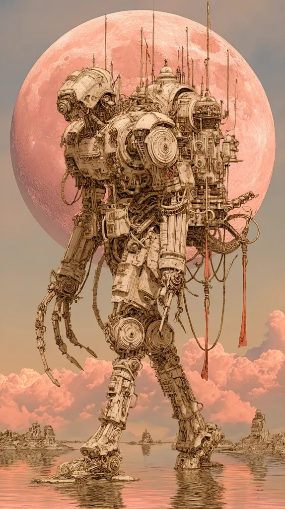 A colossal, intricately detailed mechanical behemoth wades through shallow water under a large, pinkish moon.  The robot's design suggests a blend of steampunk and futuristic aesthetics, with numerous gears, pipes, and complex mechanisms visible.  In the background, a desolate, possibly post-apocalyptic landscape of ruined structures is partially submerged.  The overall mood is one of quiet solitude and awe-inspiring scale.