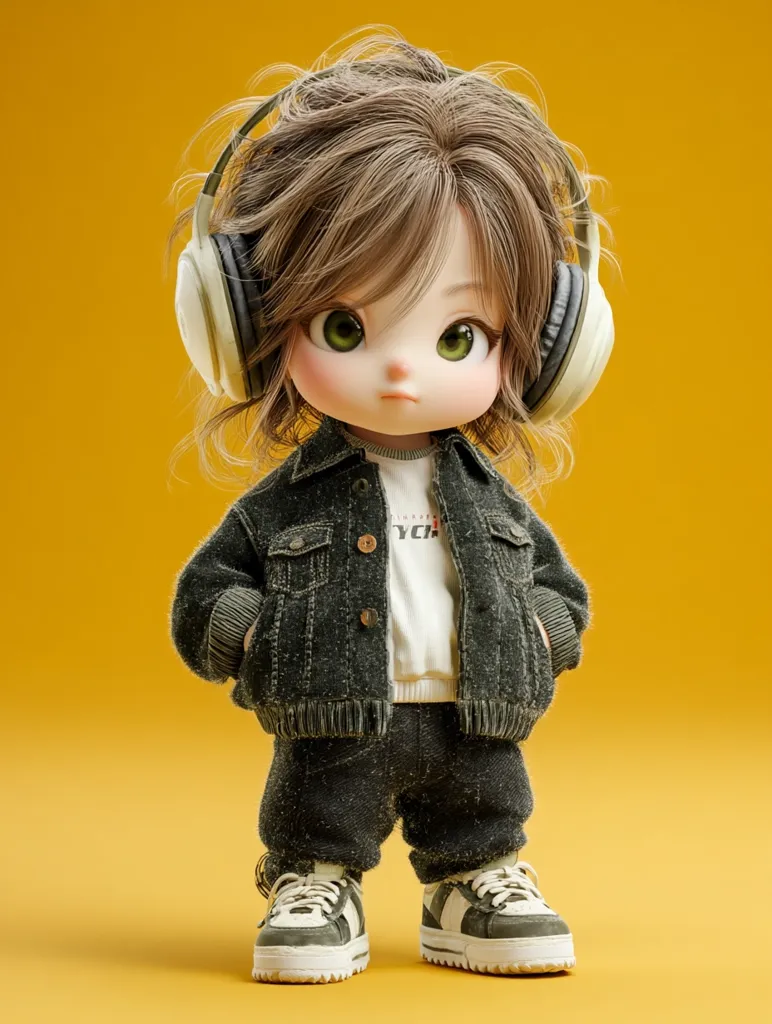 A cute, digitally rendered doll with large eyes and brown hair wears oversized headphones.  The doll is dressed in a dark denim jacket and matching pants, and stylish sneakers.  The overall style is trendy and youthful, set against a bright yellow background. The image showcases high-quality 3D modeling and rendering.