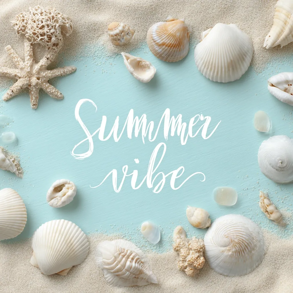 A light blue background with the words "Summer Vibe" in a stylish script font is surrounded by seashells and starfish on a sandy border.  The arrangement includes various types of shells, from scallops to smaller, more delicate specimens.  The overall aesthetic evokes a relaxed, beachy summer feeling.