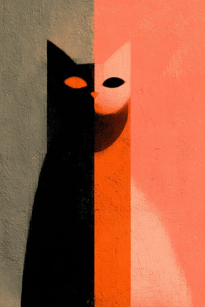 A stylized image of a cat, bisected by a vertical line.  One half is black against a muted gray background, the other half is orange-red against a coral backdrop.  The cat's face is simplified, with bold black eyes. The overall style is graphic and minimalist, evoking a sense of duality or contrast. The texture of the painted surface is visible.