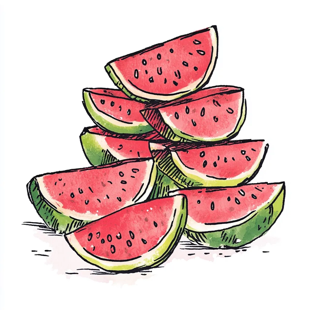 A vibrant watercolor illustration showcases a stack of juicy watermelon slices.  The red flesh is speckled with black seeds, and the green rind is clearly defined.  The slices are arranged artfully, creating a visually appealing pile, perfect for a summer-themed design or refreshing imagery.  The style is reminiscent of hand-drawn sketches with added watercolor washes.