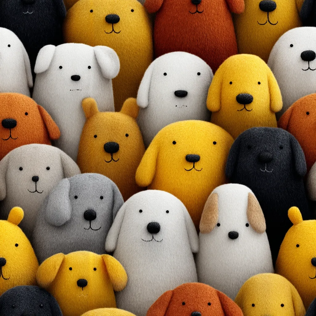 A close-up shot reveals a multitude of fluffy, cartoonish dog plushies in various colors, including white, gray, yellow, orange, and black.  Their simplistic features and round bodies create a charming and uniform aesthetic. The densely packed plushies fill the entire frame, suggesting a large collection or a playful scene.
