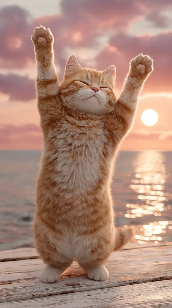 A ginger cat stands on its hind legs with paws raised, facing the setting sun over calm water.  The cat's eyes are closed in contentment, its fur a warm orange hue. The peaceful sunset casts a warm glow on the scene, highlighting the cat's serene posture on a weathered wooden dock. The image evokes a feeling of tranquility and joy.