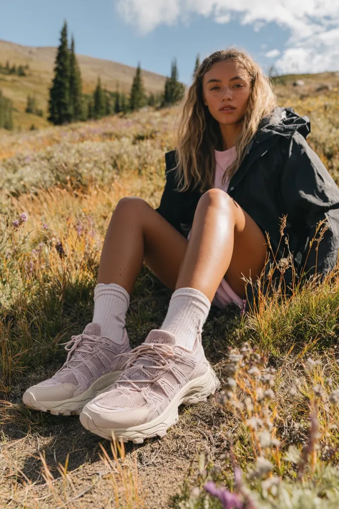 A young woman with long blonde hair sits on a grassy hillside, wearing a black jacket and pale pink athletic shoes.  The setting is mountainous, with wildflowers scattered around her. She's wearing white ankle socks and her expression is relaxed and confident. The image evokes a sense of outdoor adventure and casual style.