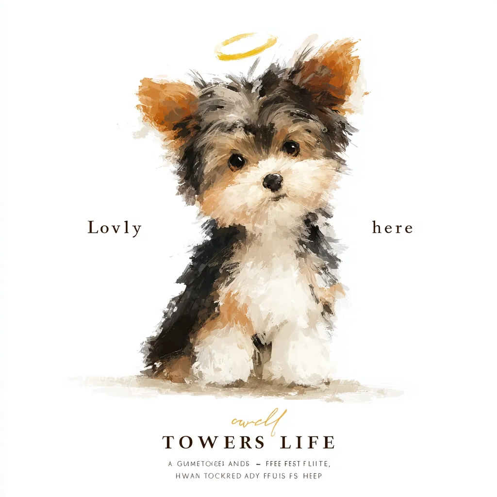 A charming watercolor painting depicts a Yorkshire Terrier puppy.  The pup is seated, looking directly at the viewer, with a small golden halo above its head.  The style is soft and impressionistic. Text around the image reads "Lovely," "here," and "Towers Life," along with an illegible line of text beneath.  The overall impression is one of sweetness and gentle affection.