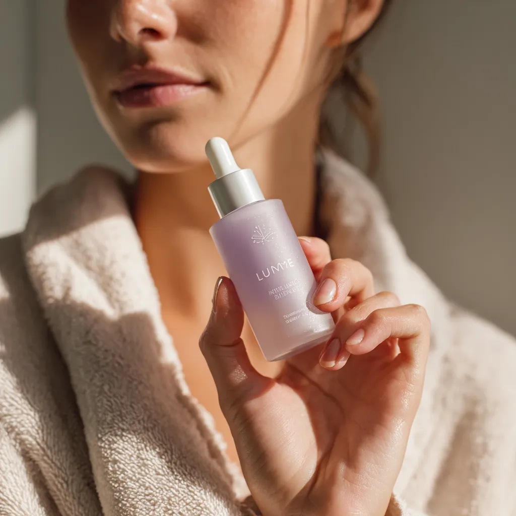 A close-up shows a woman holding a bottle of Lumme Intensely Bright Essence.  The bottle is a lavender color with a dropper top. The woman is wearing a light beige robe, and the setting is softly lit, giving a serene and calming atmosphere.  The image focuses on the product and the woman's hand, highlighting the product's elegant packaging.
