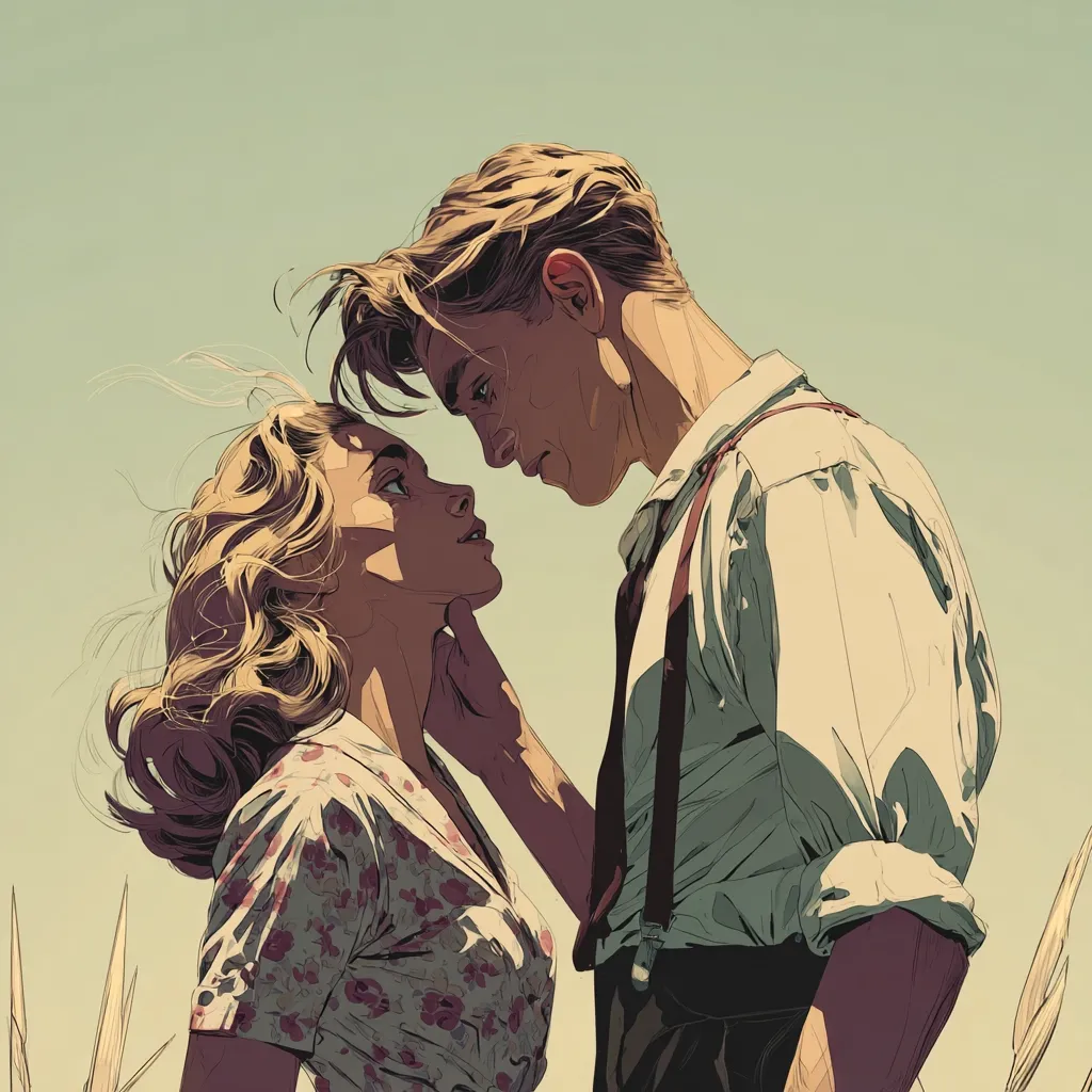 A stylized illustration depicts a young couple, deeply in love, standing close together against a muted, pastel background.  The woman, with flowing blonde hair, wears a floral dress. The man, with neatly styled hair, is dressed in a light-colored shirt and suspenders. Their eyes meet, conveying a tender and intimate moment, evocative of a classic romantic film. The artistic style is reminiscent of vintage illustrations or comic book art.