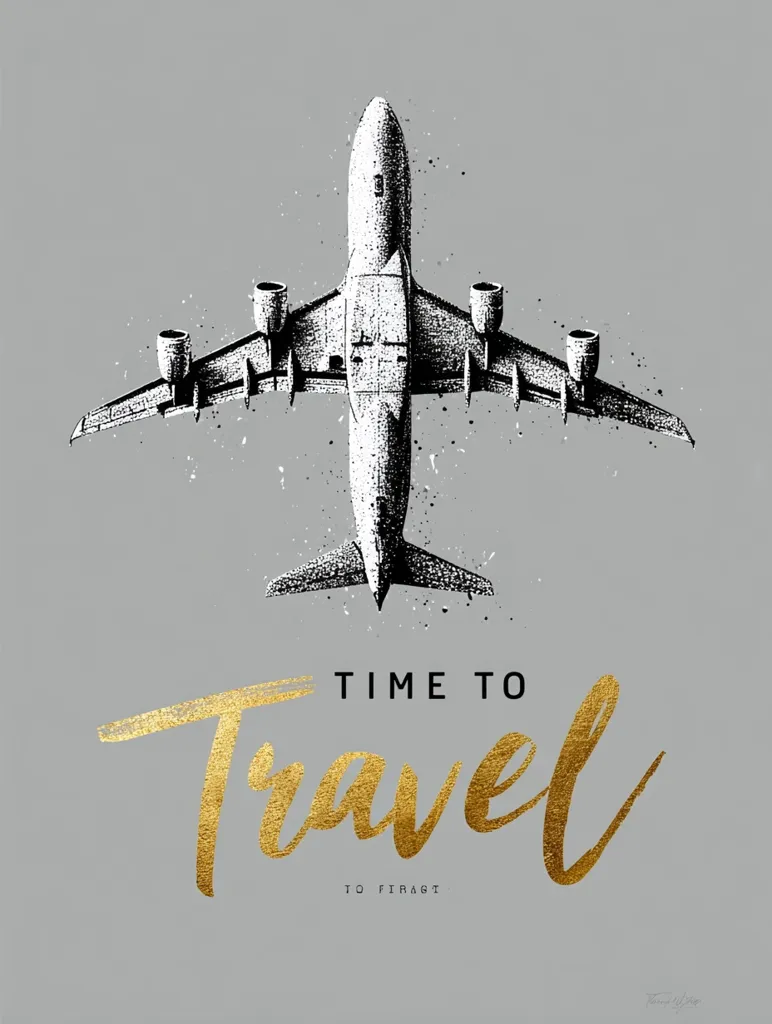 A stylized black and white illustration of an airplane viewed from above, set against a grey background.  The words "TIME TO TRAVEL" are prominently displayed in gold lettering below the aircraft, conveying a sense of wanderlust and the excitement of travel.  The overall design is minimalist and chic, suitable for travel-themed prints or posters.