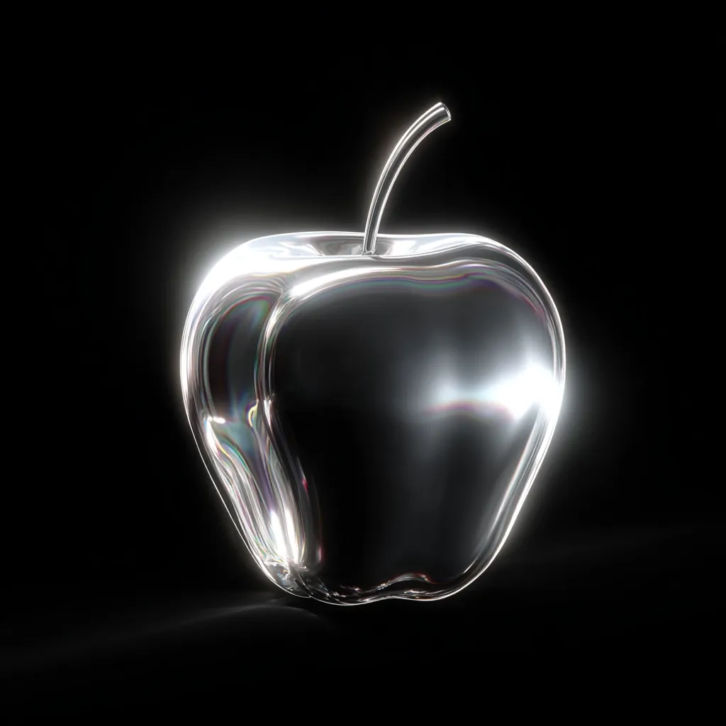 A digitally rendered image showcases a glass apple against a stark black backdrop.  The apple's form is smooth and reflective, subtly distorting the light to create iridescent highlights.  The stem is slender and elegantly curved.  The overall effect is one of sleek minimalism and polished sophistication.