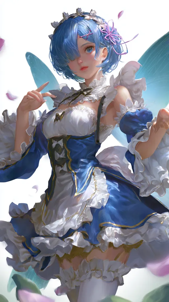 A digital painting of Rem from Re:Zero, depicted as a fairy-like maid. She has short, blue hair adorned with a flower, and wears a blue and white ruffled dress with white stockings.  Delicate, translucent wings sprout from her back.  The overall style is soft and ethereal, with a focus on light and color.  Pink flower petals float around her, adding to the magical atmosphere.