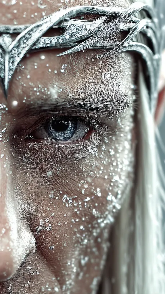 Close-up of a person's eye, adorned with an ornate silver headpiece.  The skin is covered in small droplets, giving a wet or icy appearance. The eye is light blue, and the overall impression is one of ethereal beauty and coldness.  The image is highly detailed, focusing on texture and light.
