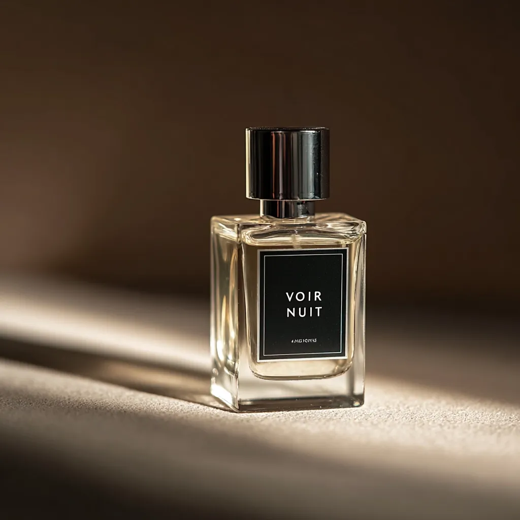A bottle of "Voir Nuit" perfume sits on a beige surface, bathed in warm, soft light.  The fragrance is presented in a clear, rectangular glass bottle with a silver cap.  The minimalist label features the perfume's name in elegant, sans-serif lettering.  The overall aesthetic is sophisticated and understated. The image's muted tones create a feeling of calm and luxury.