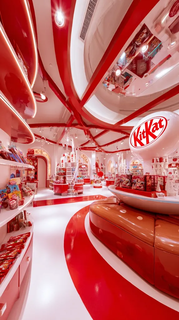 A vibrant red and white KitKat themed store interior.  The space features curved walls and ceilings, shelves stocked with various KitKat products, and a large, central display.  The design is sleek and modern, creating a playful and immersive brand experience for customers.  The floor incorporates a red and white swirl design, enhancing the overall theme.