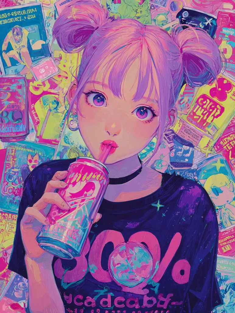 A vibrant anime-style illustration depicts a girl with purple hair styled in high pigtails. She's wearing a dark shirt with a large, colorful "300%" graphic and is drinking from a can of soda. The background is a collage of brightly colored, cartoonish imagery, creating a playful and energetic atmosphere.  The artwork is characterized by bold lines, saturated colors, and a distinct, modern aesthetic.