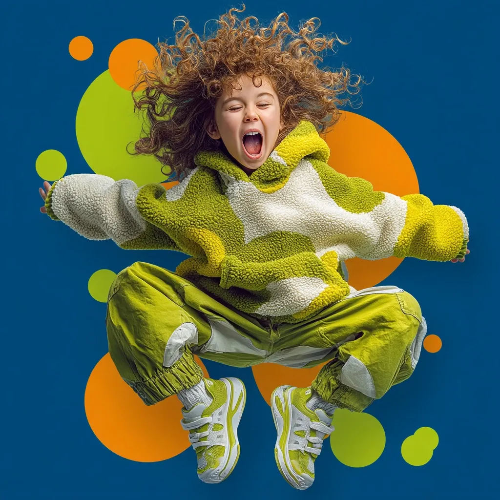A child with vibrant curly red hair joyfully leaps against a teal backdrop adorned with colorful circles.  The child, wearing a lime green and white fluffy hoodie and matching pants, is mid-air, mouth open in a shout of exhilaration.  Their bright green and white sneakers add to the dynamic energy of the image.  The overall feel is playful and energetic.