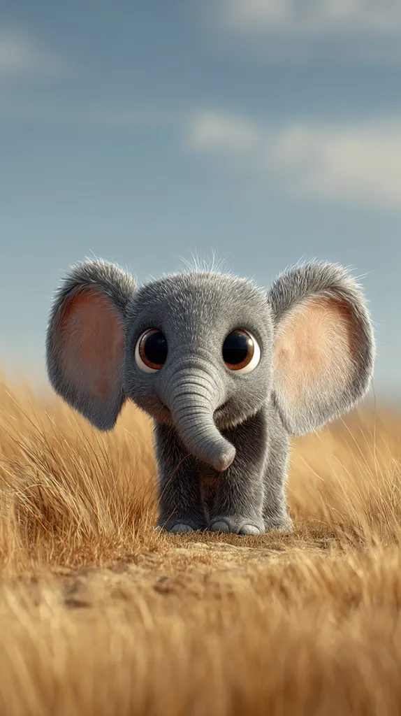 A charming, digitally rendered baby elephant stands in a field of tall, golden grass. Its large, expressive eyes and fluffy gray ears are endearing features. The elephant's small size and innocent expression evoke a sense of warmth and cuteness. The background features a soft, hazy sky, creating a serene and peaceful atmosphere. The overall image is whimsical and evokes feelings of joy and wonder.