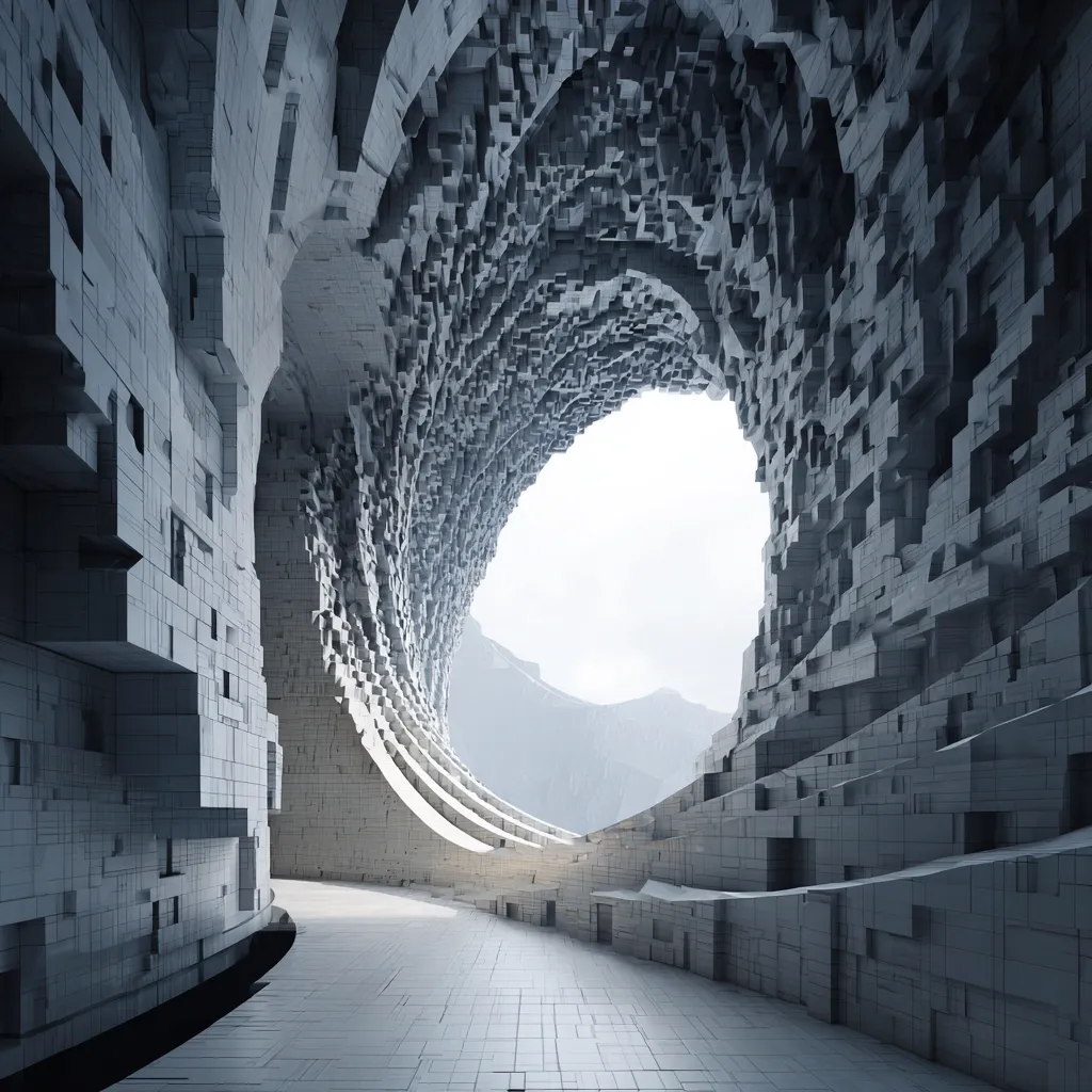 A futuristic, tunnel-like structure curves through a seemingly endless expanse of grey, cubic blocks.  The tunnel opens to a bright, hazy exterior revealing a mountainous landscape. The smooth, tiled floor contrasts with the rough texture of the walls, creating a dramatic interplay of light and shadow within the abstract, architectural space.  The overall aesthetic is minimalist and surreal.