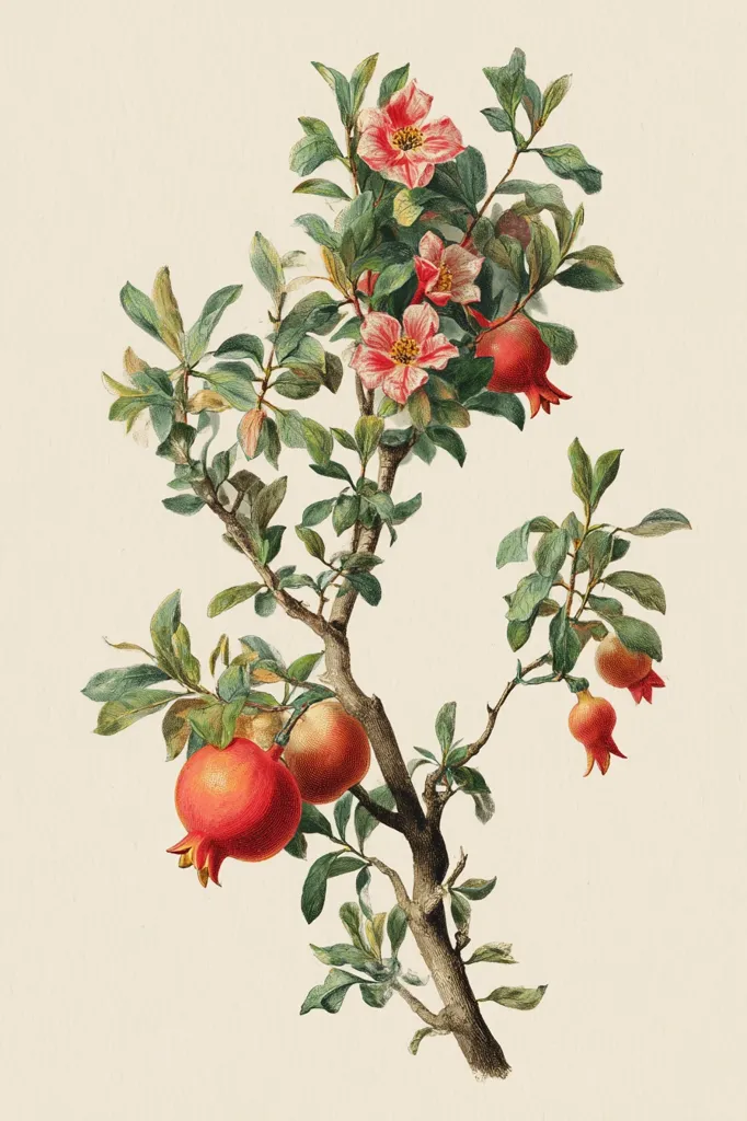 A botanical illustration depicts a pomegranate branch adorned with ripe, red fruits and delicate, pink blossoms.  The leaves are lush and green, contrasting beautifully with the vibrant colors of the fruit and flowers. The branch is depicted with intricate detail, showcasing the textures of the bark, leaves, and fruit. The overall style is reminiscent of classic botanical art.