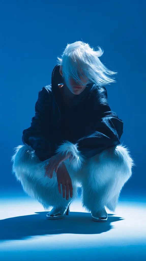 A person with short, white hair crouches against a vibrant blue backdrop. They're dressed in a dark, possibly leather, jacket and fluffy, white pants.  The silver shoes and the contrast between the dark jacket and light pants create a striking visual.  The overall mood is one of cool, stylish intensity.