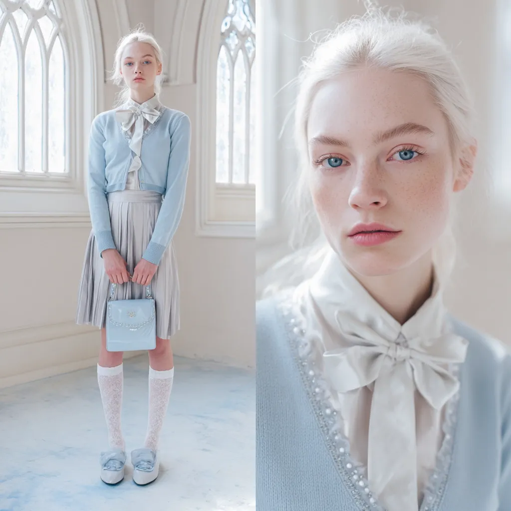 A pale-skinned model with platinum blonde hair is shown in a light blue cardigan, pleated gray skirt, white socks, and light blue shoes.  She carries a light blue handbag. The image is split, showcasing a close-up of the model's face and upper body in a similar outfit, emphasizing the delicate pastel tones and refined style.  The setting is a bright, airy room with large windows.