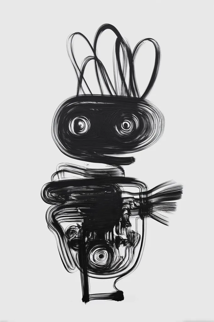 A stylized black and white abstract figure is depicted.  The figure appears humanoid with large, expressive eyes and a crown-like headpiece, all rendered in swirling, dynamic brushstrokes. The body is similarly textured with overlapping lines suggesting movement and depth.  The overall effect is energetic and expressive, showcasing the artist's use of line and texture.
