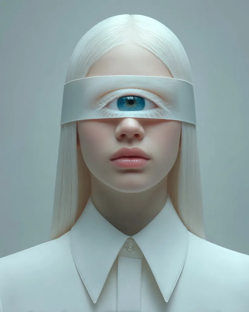 A portrait of a young woman with platinum blonde hair, wearing a crisp white collared shirt. A white band covers her eyes, revealing only a single, striking blue eye.  The image is stylized, with a clean, minimalist aesthetic, creating a surreal and almost otherworldly effect. The overall mood is serene yet enigmatic.
