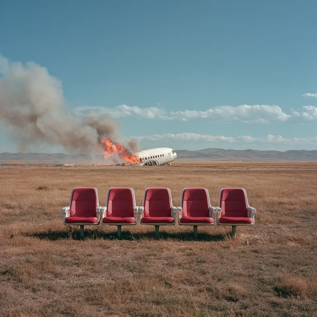 Four red theater seats sit in a dry, grassy field under a clear blue sky.  In the distance, a burning airplane wreckage emits dark smoke, creating a stark and unsettling contrast between the mundane seating and the catastrophic event. The scene is desolate and evokes a sense of loss or aftermath.