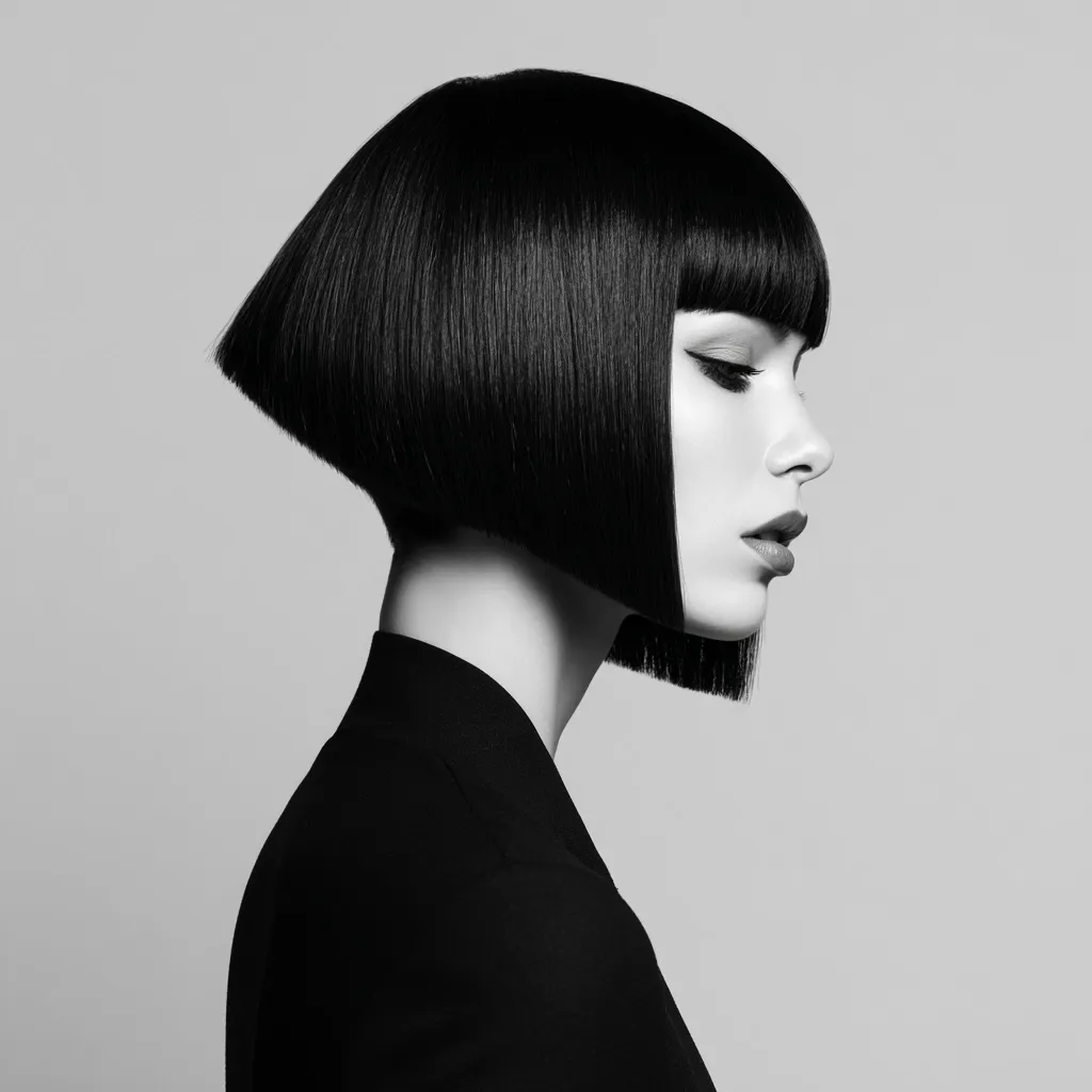 A black and white profile shot of a woman with a sharp, geometric bob haircut.  Her hair is sleek and straight, framing her face. She wears a simple, dark collared garment. The image is minimalist and elegant, focusing on the strong lines of the hairstyle and the model's serene expression. The background is a neutral gray.