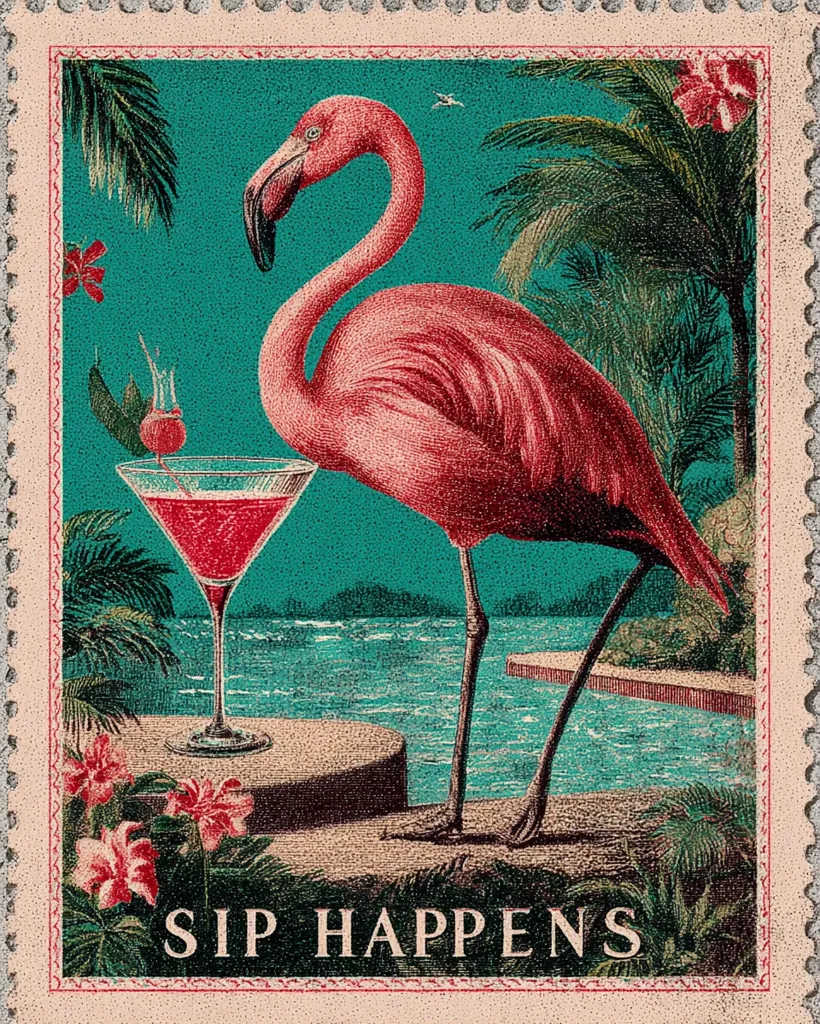 A vintage-style postage stamp depicts a pink flamingo standing near a martini glass filled with a red cocktail.  Tropical plants and a teal ocean backdrop create a vibrant, summery scene.  The words "SIP HAPPENS" are printed at the bottom, adding a playful, celebratory tone. The overall aesthetic is reminiscent of mid-century travel posters or tropical resort advertising.