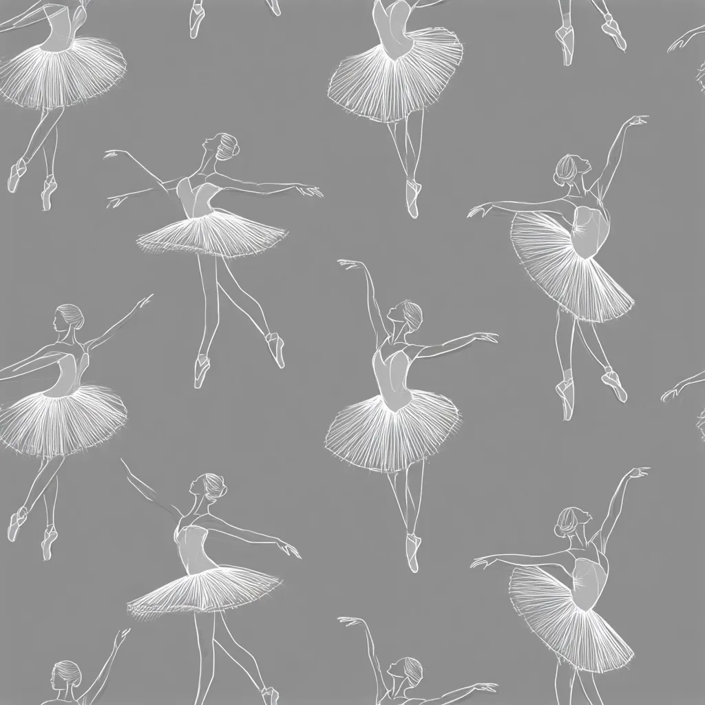 A seamless pattern featuring graceful ballerinas in white tutus on a gray background.  The ballerinas are depicted in elegant poses, their outlines sketched in a delicate, white line art style.  The pattern is repetitive, creating a visually appealing and elegant design suitable for various applications.  The overall style is reminiscent of classic ballet imagery.