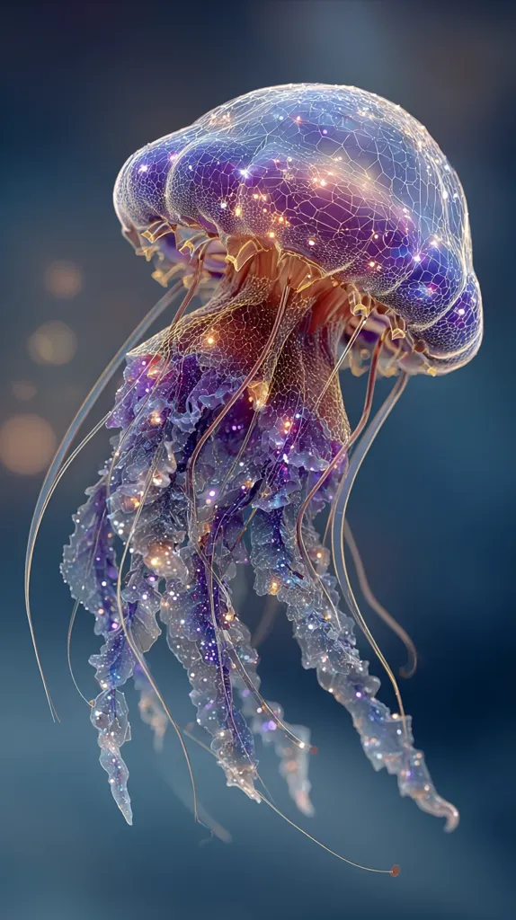 A digital artwork depicts a jellyfish with a bell of intricate, glowing purple and orange network patterns.  Its tentacles trail downwards, shimmering with light and resembling delicate, crystalline structures. The jellyfish appears ethereal and otherworldly, set against a muted blue background. The overall effect is one of mesmerizing beauty and fantastical realism.