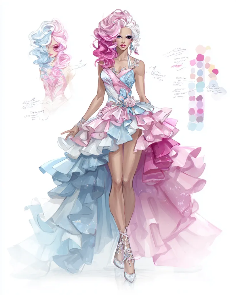 A digital illustration showcases a woman in a stunning, pastel-colored gown. The dress is a high-low design, with layers of ruffled fabric in shades of pink and light blue. Her hair is styled in a dramatic half-updo, blending pink and white.  She wears delicate, jeweled footwear, completing the elegant and whimsical ensemble.  A smaller sketch of a similar hairstyle is included alongside a color palette.