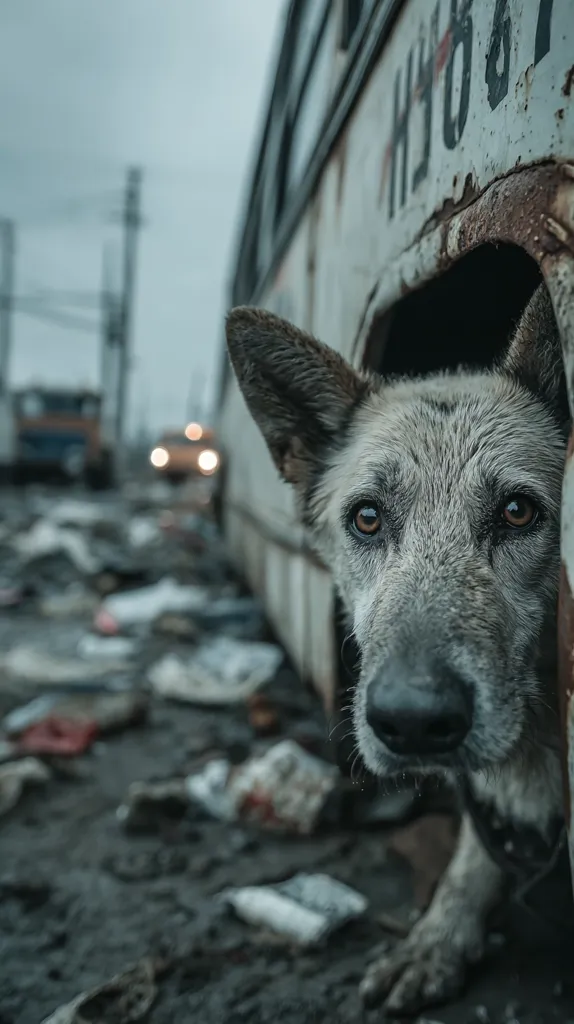 A gray dog with soulful eyes peers from a hole in a rusty, old bus.  The bus is parked in a desolate, debris-strewn area, with blurry vehicles and a gloomy atmosphere in the background. The dog's expression is one of quiet resilience, highlighting a stark contrast between the animal's vulnerability and its harsh environment.  Litter and trash surround the bus, suggesting neglect and poverty.