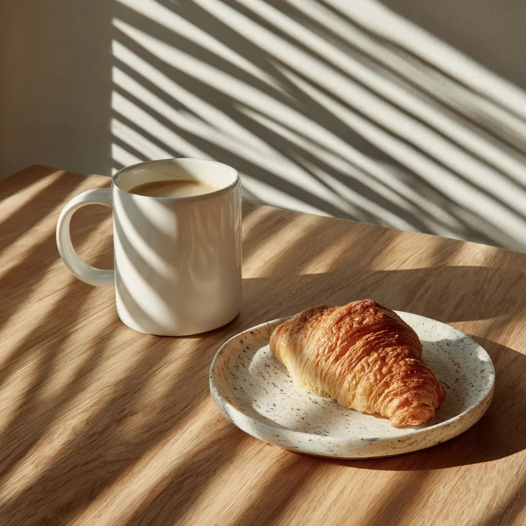 A sunlit wooden table displays a simple breakfast scene: a white mug filled with coffee sits beside a speckled ceramic plate holding a golden-brown croissant.  The shadows cast by a nearby window create a warm, inviting atmosphere.  The minimalist setting exudes a sense of calm and peaceful morning enjoyment.