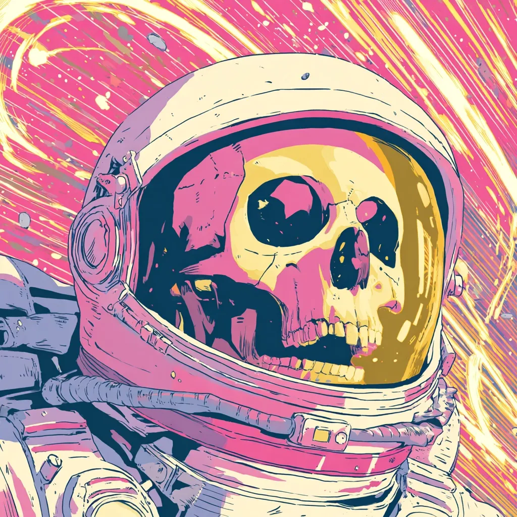 A stylized illustration depicts a skull in an astronaut's helmet, floating amidst a vibrant cosmic backdrop.  The artwork uses bold, contrasting colors—pink, yellow, and purple—with a retro comic book aesthetic.  The skull's expression is open-mouthed, suggesting a silent scream or a final breath.  The background features dynamic streaks of light, enhancing the sense of movement and vastness of space. The overall effect is a striking blend of macabre and cosmic imagery.