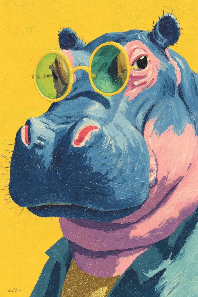A vibrant, impasto-style painting depicts a hippopotamus wearing round, yellow-rimmed sunglasses and a teal jacket. The hippo's skin is rendered in shades of blue and pink, contrasting against the bright yellow background. The artist's visible brushstrokes add texture and energy to the piece, giving the image a playful and slightly quirky feel.  The hippo's expression is calm and cool.
