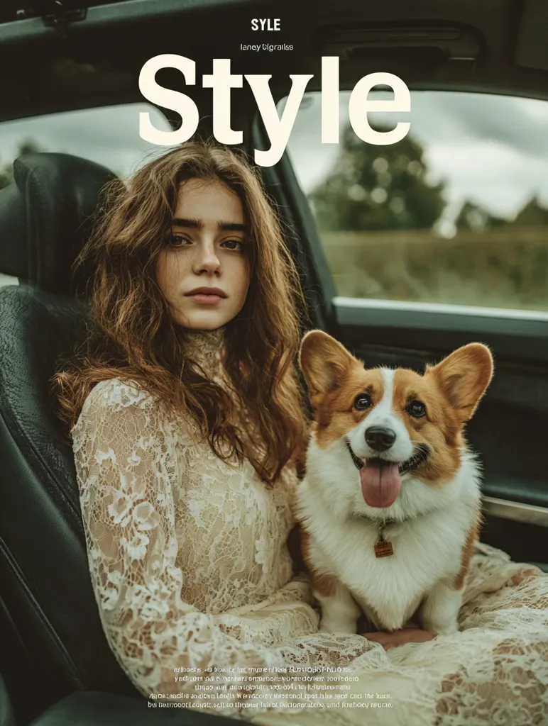 A magazine cover featuring the word "Style" in large, sans-serif font.  A young woman with long brown hair sits in a car, holding a corgi. She wears a cream-colored lace dress. The overall aesthetic is soft, romantic, and slightly vintage. The image evokes a feeling of effortless style and companionship.