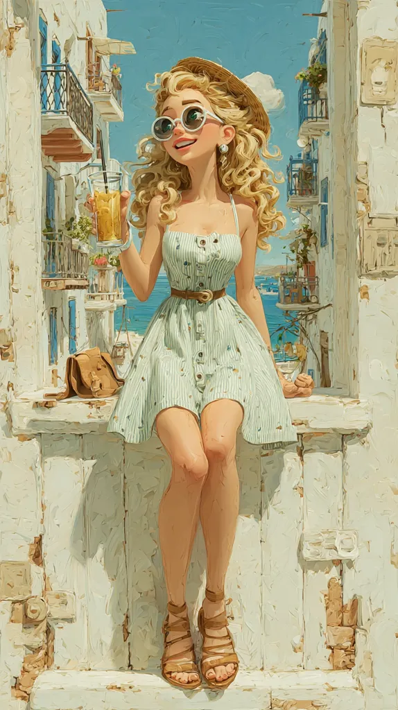 A stylized illustration depicts a blonde woman in a light green summer dress, perched on a weathered white windowsill.  She wears sunglasses and a straw hat, holding a glass of orange juice. The background features a picturesque, sun-drenched Mediterranean village with whitewashed buildings and balconies. The overall style is painterly and vibrant, conveying a feeling of carefree summer relaxation.