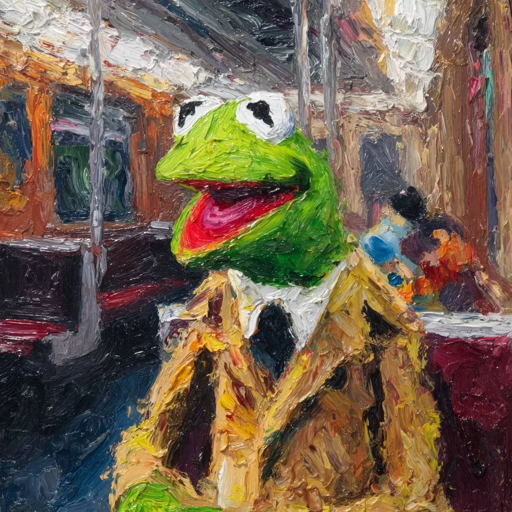 An impasto oil painting depicts Kermit the Frog in a trench coat and tie, seated in a dimly lit diner.  The style is impressionistic, with thick brushstrokes suggesting movement and atmosphere.  A blurred background shows a streetcar and other indistinct figures, contributing to a nostalgic and slightly melancholic mood. The focus remains sharply on Kermit, who appears contemplative.