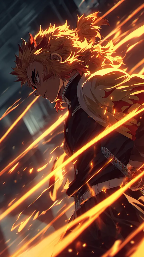 A dynamic anime-style illustration depicts Kyojuro Rengoku, a Hashira from Demon Slayer.  His fiery orange hair is windswept, mirroring the streaks of blazing orange energy surrounding him. He's in a fighting stance, his dark uniform partially obscured by the intense light effects, a katana at his hip.  The overall effect is one of power and motion.