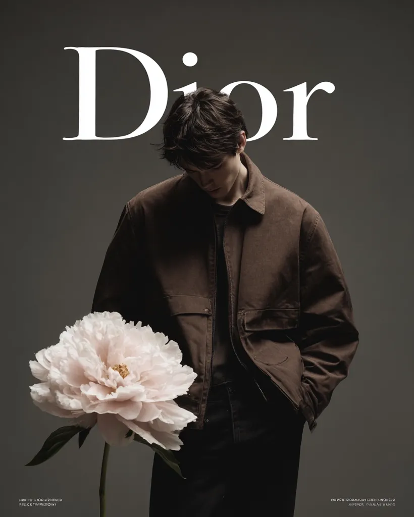 A young man, dressed in a brown Dior jacket and dark trousers, stands against a muted gray backdrop.  His head is bowed slightly, and a large, pale pink peony is positioned prominently in the foreground. The Dior logo is displayed prominently above him, creating a minimalist and stylish image. The overall mood is somber and contemplative.