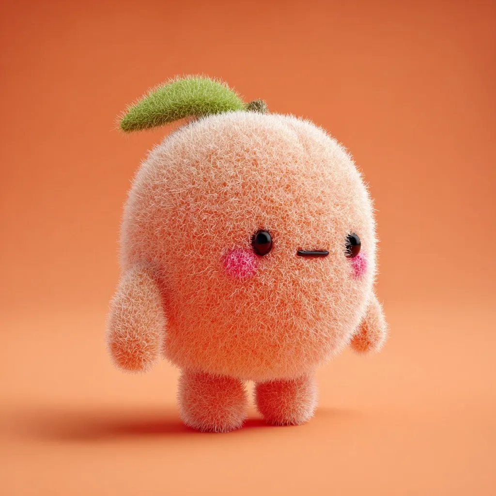 A charming, fuzzy peach character stands on an orange background.  Rendered in 3D, it has a round, fluffy body with short arms and legs, small black eyes, and rosy cheeks.  A tiny green leaf sits atop its head, completing its adorable, fruit-inspired design.  The peach's expression is slightly quizzical, adding to its endearing appeal.