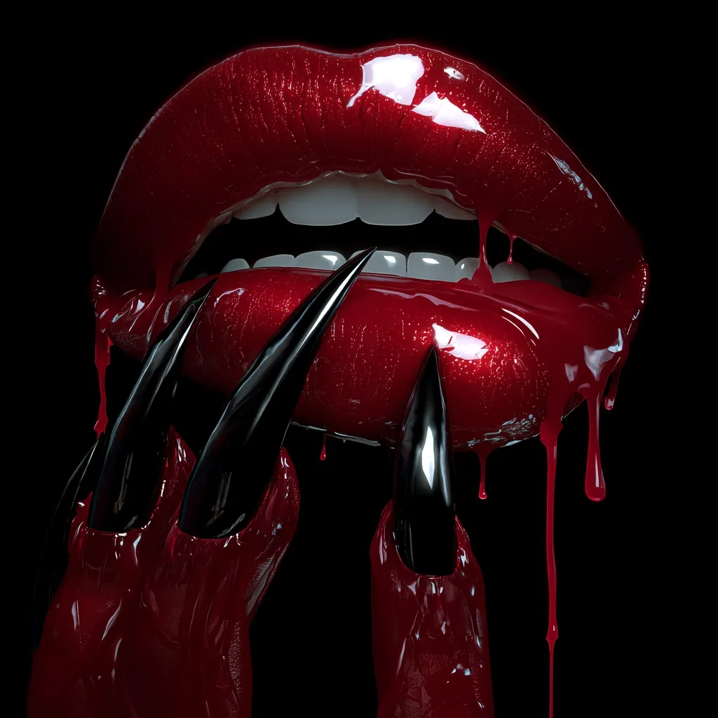 A close-up reveals a pair of luscious, crimson lips, dripping with a glossy, dark red substance.  Long, sharp, black claws emerge from beneath the lips, also coated in the same viscous liquid. The overall effect is dark, dramatic, and slightly unsettling, suggesting a gothic or vampiric aesthetic.  The image is sharply focused and the contrast between the red and black is striking.