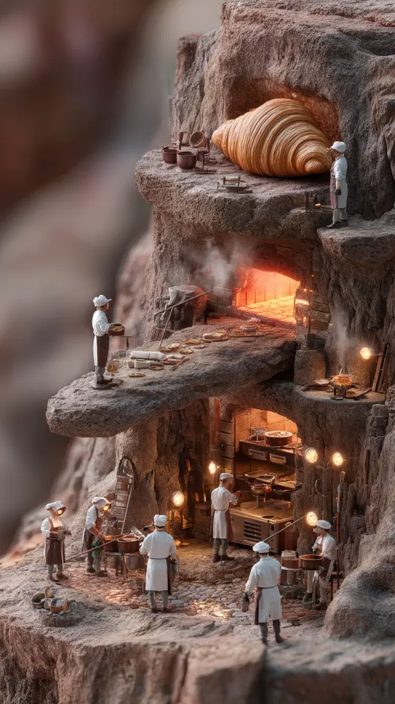 A miniature scene depicts a bustling bakery carved into a rocky hillside.  Tiny bakers in white coats work diligently, tending ovens, preparing ingredients, and baking bread. A giant croissant sits prominently near the entrance, suggesting the bakery's specialty.  The scene is lit with warm, inviting light, creating a whimsical and charming atmosphere.  The detailed craftsmanship of the miniature setting is remarkable.