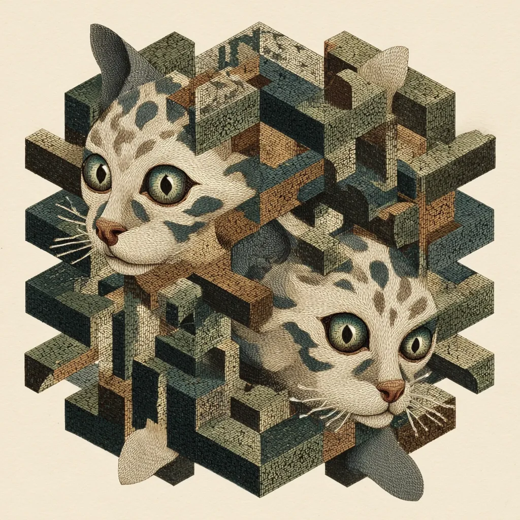 Two stylized kittens' faces are intricately interwoven within a complex, three-dimensional geometric structure.  The cubes and blocks are textured, creating a mosaic-like effect in muted greens, browns, and tans.  The kittens' realistic eyes contrast sharply with the abstract background, forming a captivating visual puzzle. The overall style blends realism and geometric abstraction.
