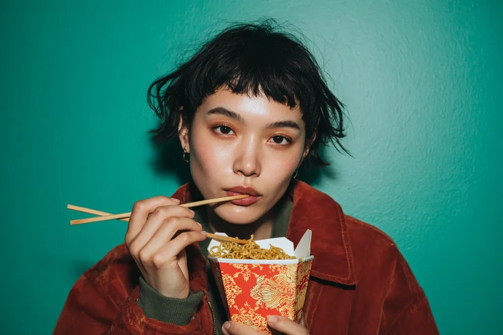 A young woman with short, choppy black hair and subtle makeup sits against a teal background. She holds a red takeout container of noodles, using chopsticks to eat.  She's wearing a rust-colored corduroy jacket and gazes directly at the camera, conveying a casual, slightly contemplative mood. The image has a stylish, minimalist aesthetic.